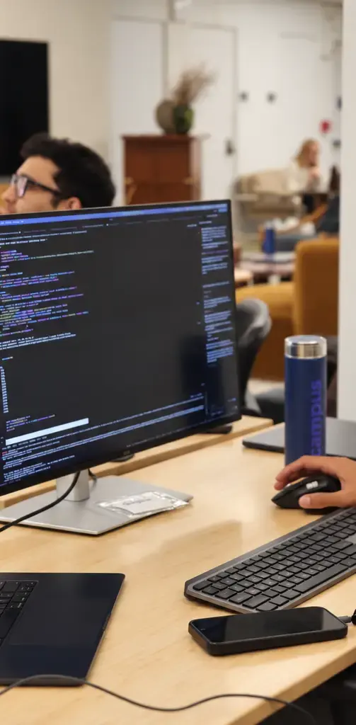 Cybersecurity student working at a computer